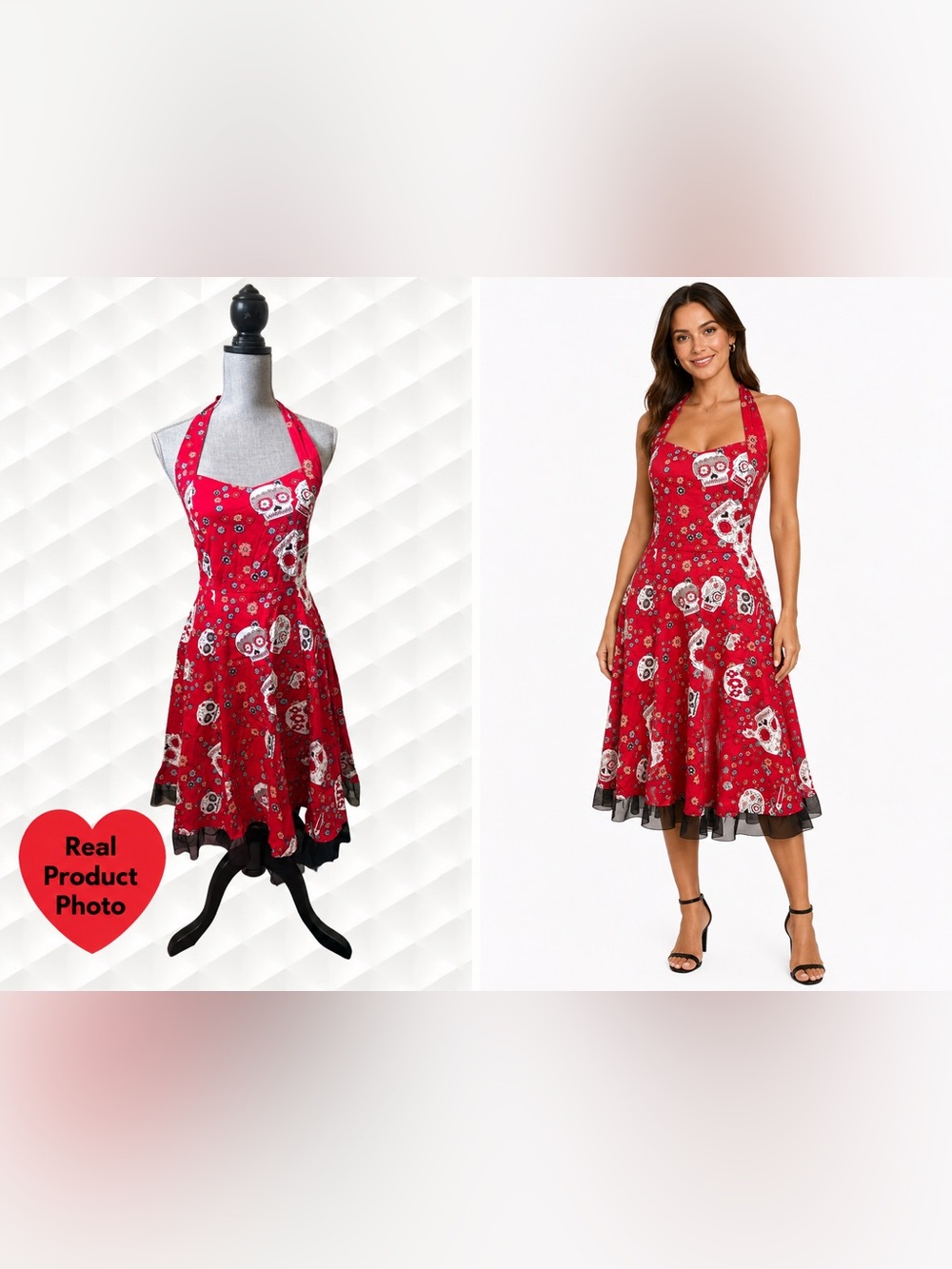 OTEN Whimsigoth Red Halter Grunge Sugar Skull Day of the Dead Coquette Dress